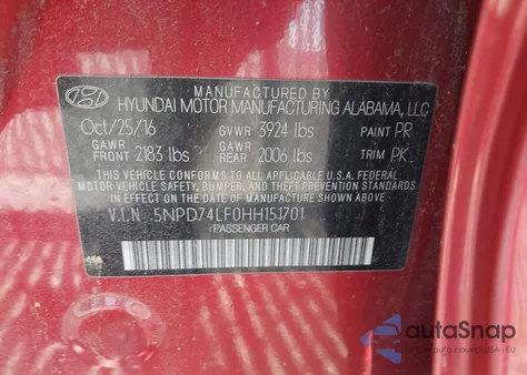 2017 Hyundai Elantra Se from USA, damaged, VIN 5NPD74LF0HH151701